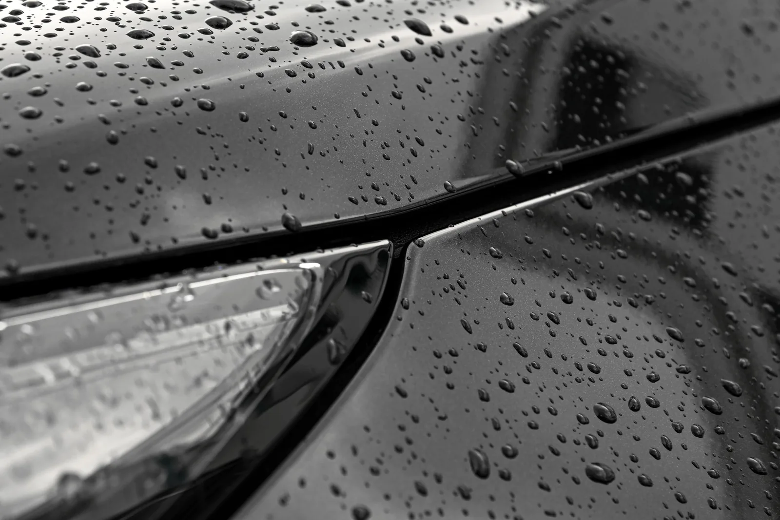 Water beading tightly on the coated black bonnet and headlamp of a car