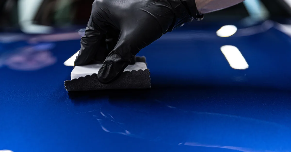 Applicator spreading graphene ceramic coating across a blue car bonnet