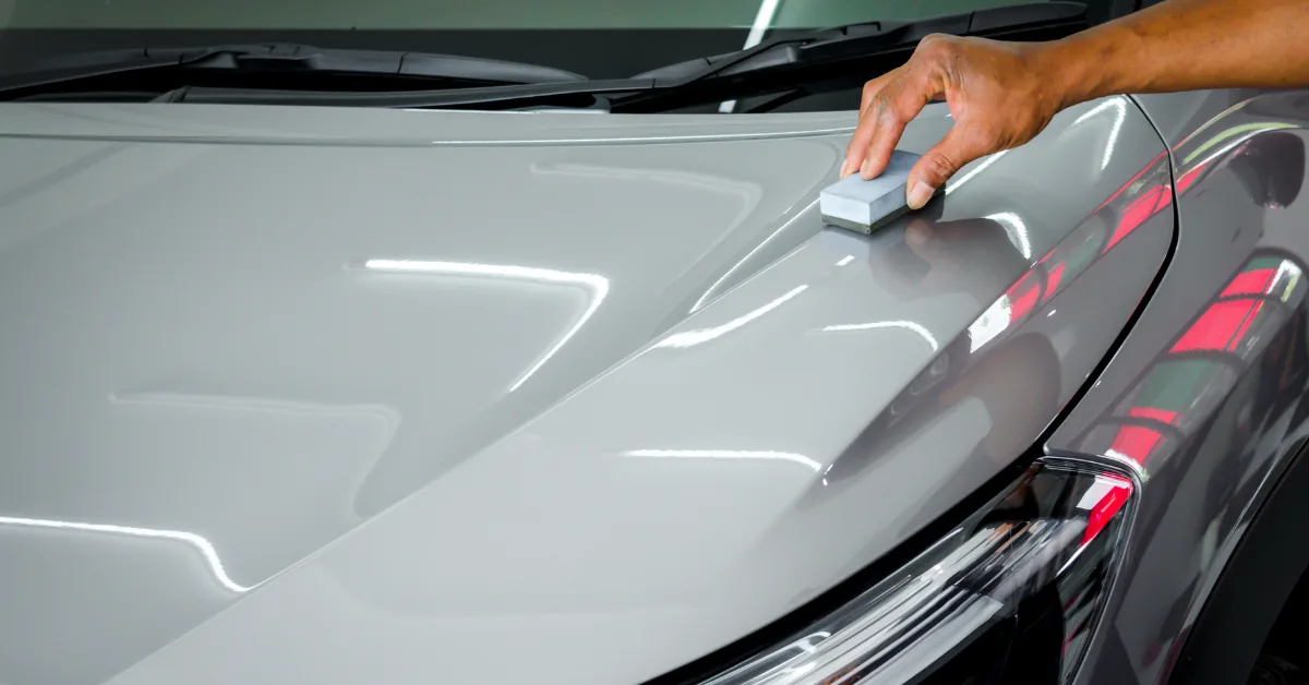 Ceramic coating being applied to the silver bonnet of a sports car
