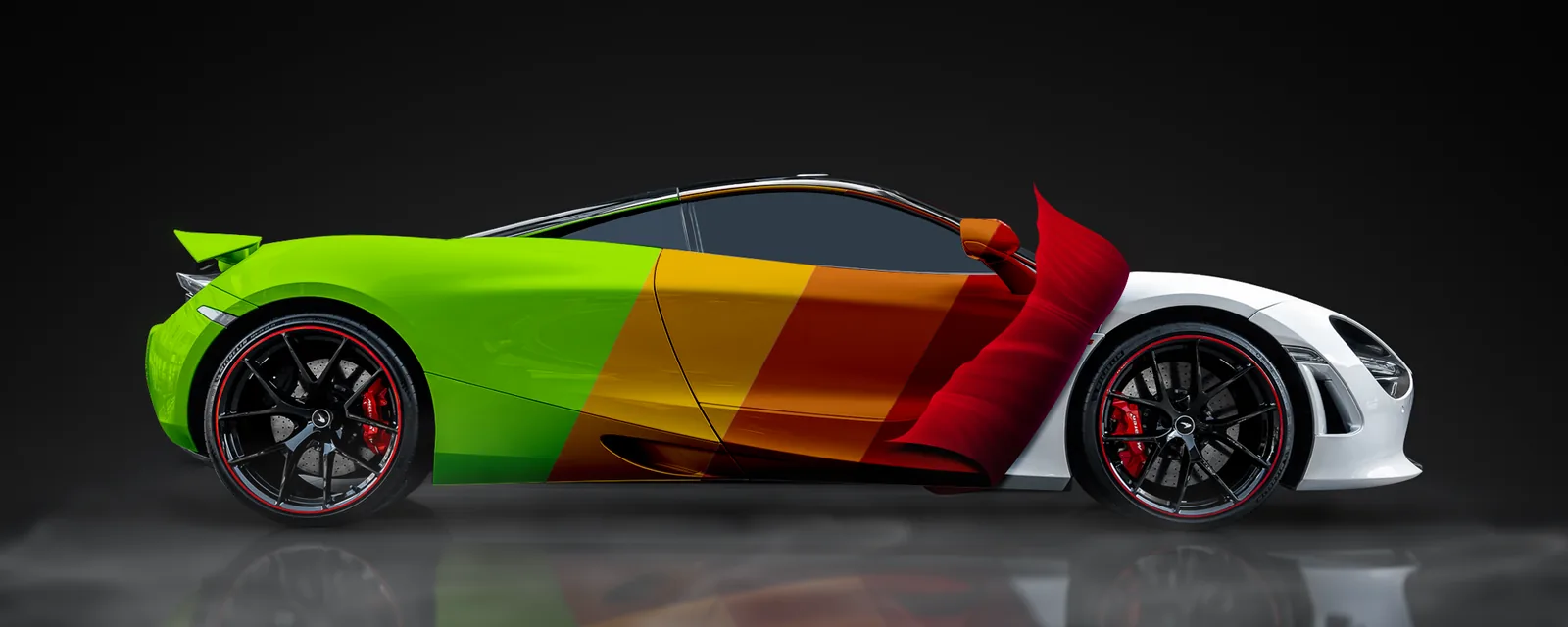 Supercar displaying a four-colour printed wrap livery in green, yellow, red and white