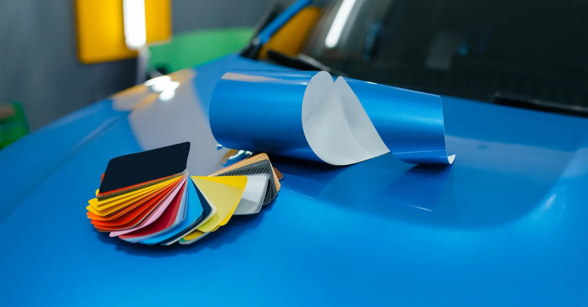 Colour swatch fan and wrap film laid out on a car bonnet