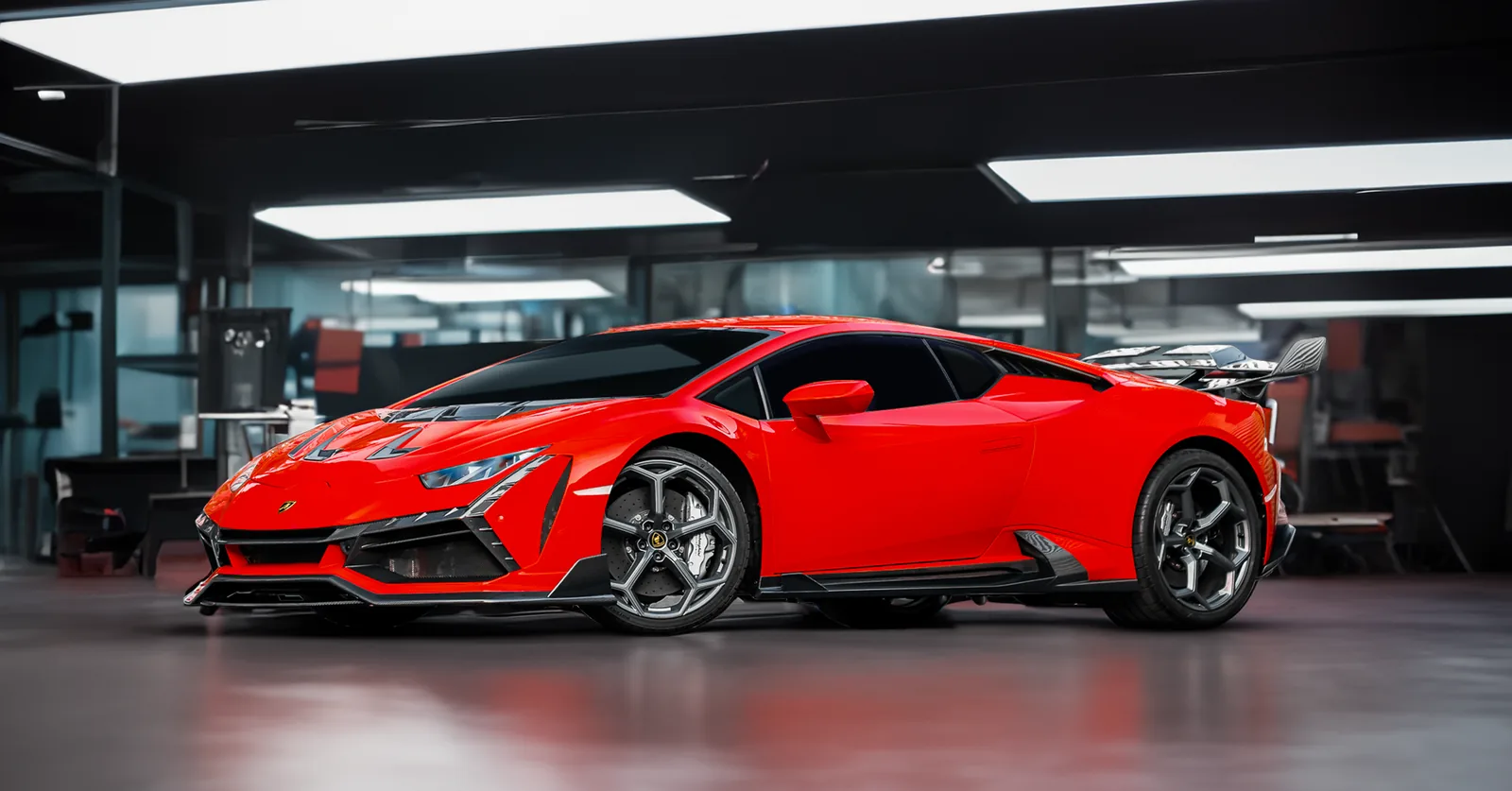 Red supercar under studio lights after graphene ceramic coating
