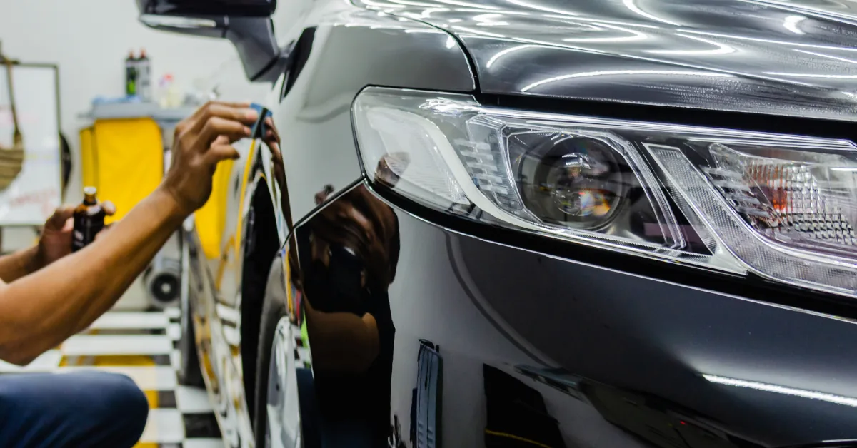Technician fitting protection film to the front end and headlamp of a silver car