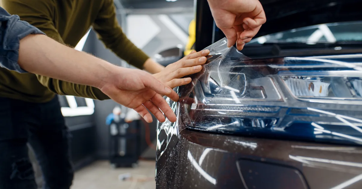 Two installers laying clear film over a car headlamp unit